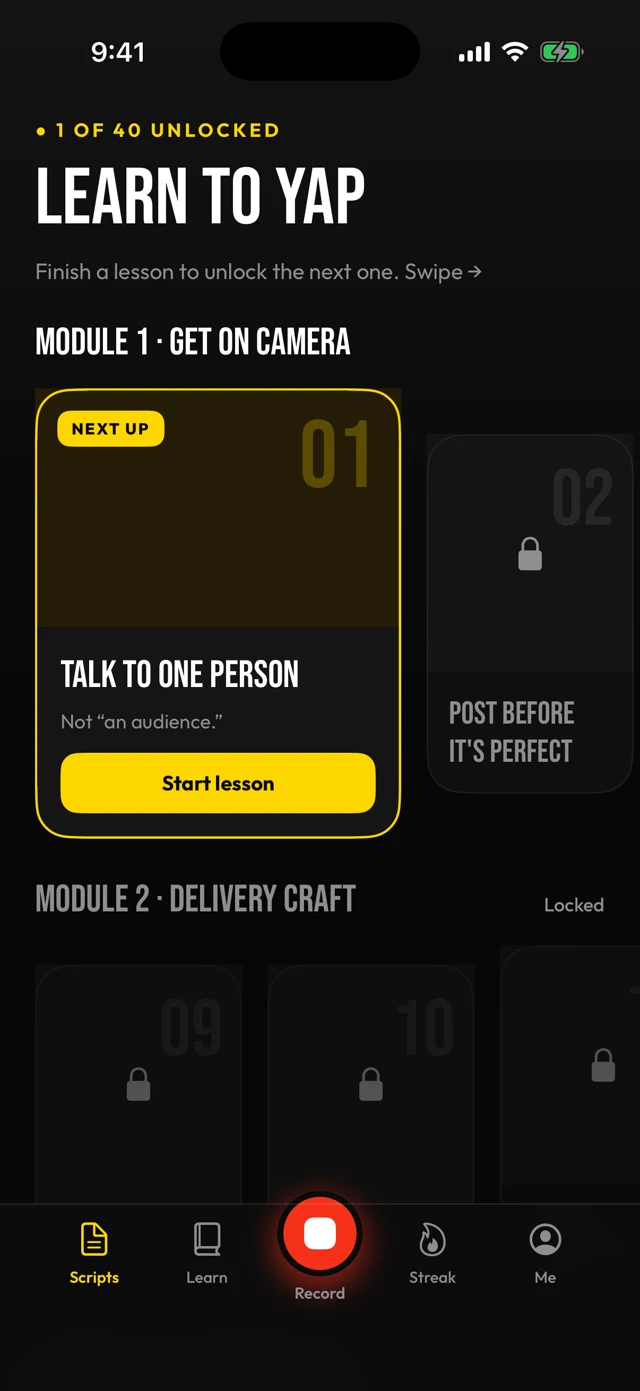 Learn to Yap — lesson modules screen