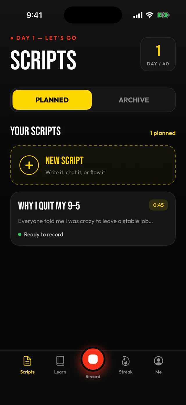 Scripts home with 40-day challenge day counter